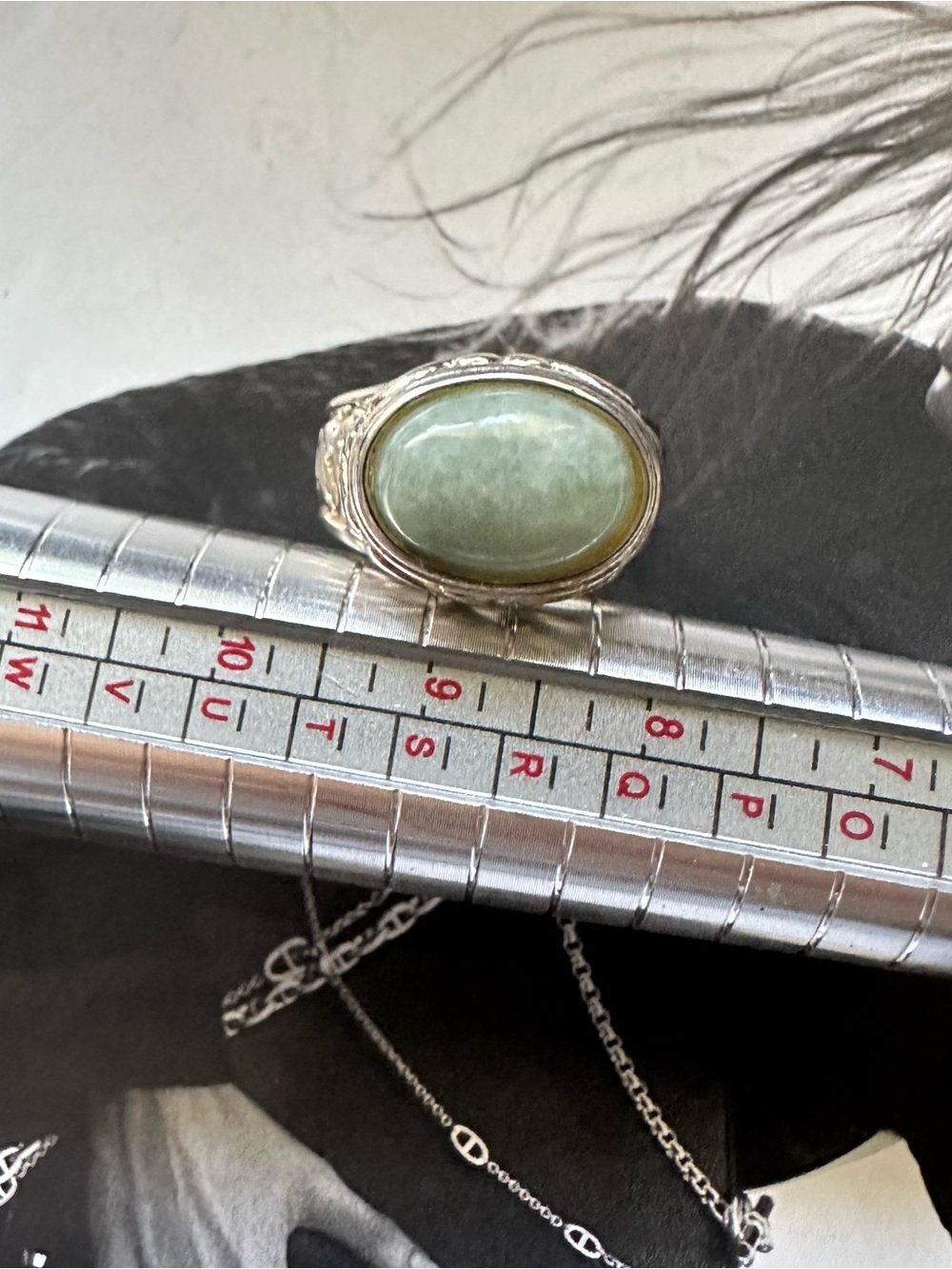 Vintage Ornate Sterling Silver Ring with Light Green Oval Jade Stone Size 7.5